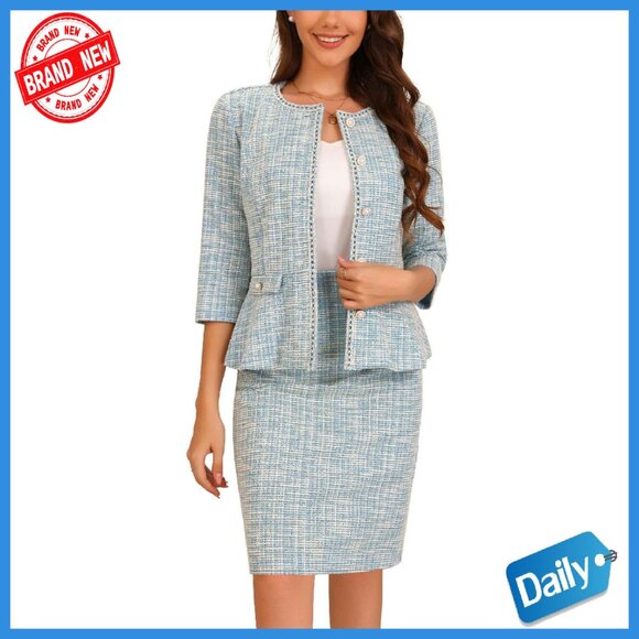 Jackets & Blazers - Tweed Skirt Suit Set 3/4 Sleeve Jacket Elastic Waist Pencil Skirt